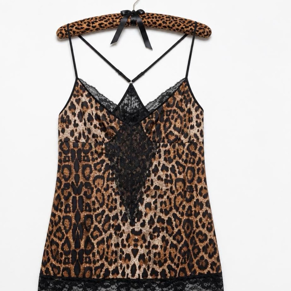 Unbranded Nightgown Womens Large Leopard Print Lace Trim Chemise & Hanger